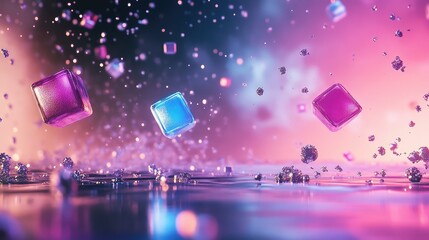 Poster - Futuristic digital space filled with glowing blue and purple cubes floating in dark void