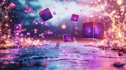 Poster - Futuristic digital space filled with glowing blue and purple cubes floating in dark void
