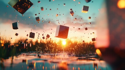 Poster - Matrix-style futuristic scene with floating cubes and light beams in digital darkness