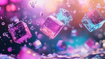 Poster - Purple and blue glowing cubes floating in dark dimension, tech visual effect