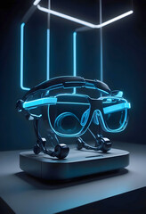 Poster - .Futuristic black AR glasses with glowing blue neon lights sit on a sleek platform