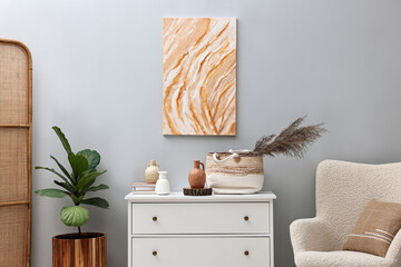 Aufkleber - Dresser and other furniture near light grey wall in room. Interior design