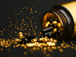 Poster - Capsules Spilling From a Glass Jar With a Dark Background and Golden Particles Hovering Around