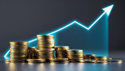 Poster - Stacks of coins increase in value with upward trend line illustrating financial growth