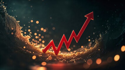 Poster - Growth trend represented by a red arrow rising through a dynamic swirling background of lights and textures
