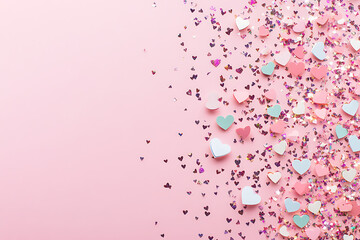 Poster - Pink and white confetti background with heart-shaped glitter, pink glitter texture, pink confetti, pastel colors, pink and holographic colors, pink background, pastel pink, pink and purple.