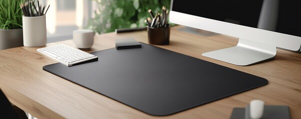 Poster - Modern minimalist home office desk setup with black desk mat