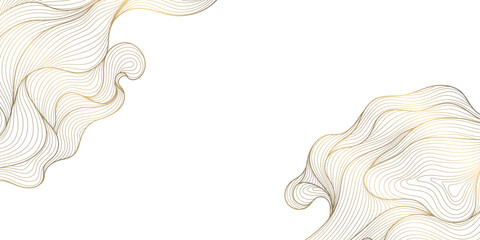 Aufkleber - Vector abstract gold line wave pattern, luxury elegant frame with organic fluid elements. Japanese soft cards, organic leaves, flow curve glitter, clouds