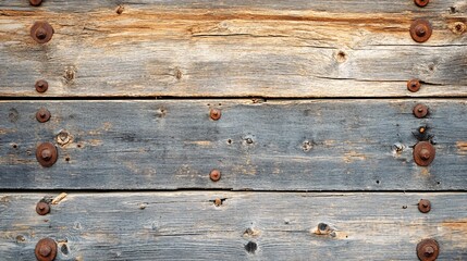 Aufkleber - Old weathered wood planks showing grain and knots held together with rusty metal bolts