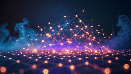 Poster - Digital network visualization with luminous nodes and flowing smoke effects in a dark environment showcasing technological concepts