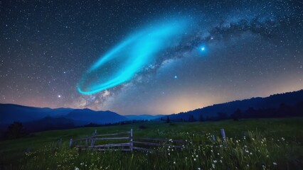 Wall Mural - a beautiful night sky with a bright blue aurora and a large star. the sky is filled with stars and t