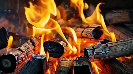 Poster - Cozy Flames Dance Around Burning Logs, Creating Warmth with Vibrant Orange and Yellow Hues, Perfect for Relaxation and Gatherings by Fire.