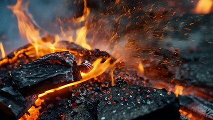 Poster - Embers and Flames Warmth of Campfire, Glowing Sparks and Burning Wood Create Outdoor Scene of Intense Heat and Natural Energy