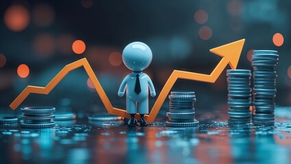 Poster - Business growth depicted through a small figure standing in front of rising coins and an upward arrow on a financial background