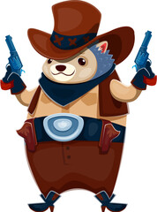 Poster - Hedgehog cowboy or Western sheriff and robber bandit with revolver guns, vector cartoon character. Funny hedgehog animal in cowboy hat and kerchief as Western ranger or Texas sheriff and outlaw robber