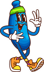Leinwandbilder - Cartoon groovy berry character with happy face on fitness sport, vector personage. Retro groovy haskap or honeysuckle berry character jogging in fitness headband with funky smile and hippie gesture