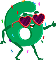Poster - Birthday holiday celebration, cartoon math number and digit six character celebrate party with heart shaped sunglasses and falling confetti. Isolated vector funny digit 6 personage exudes festive vibe