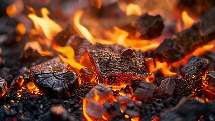 Poster - Glowing Embers and Vibrant Flames Intense Heat and Warmth of Charred Black Coal and Wood Textures in Orange and Red Hues