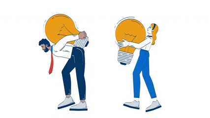 Poster - Creative team carrying giant light bulbs symbolizing big ideas hand drawn whiteboard animation. Colleagues solution business lightbulbs animated doodle handdrawn concept pencil drawing 4K video