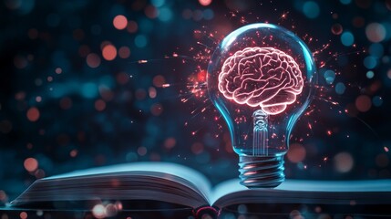 Poster - a light bulb with a glowing brain inside. symbolizing intelligence, ideas, creativity and innovation