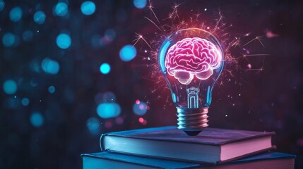 Poster - a light bulb with a glowing brain inside. symbolizing intelligence, ideas, creativity and innovation