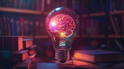 Poster - a light bulb with a glowing brain inside. symbolizing intelligence, ideas, creativity and innovation