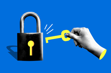 halftone hand inserts key into padlock. data protection, security concept. safety and privacy. moder