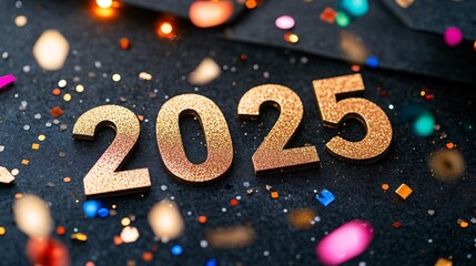 Poster - Golden glitter 2025 sign celebrating the new year with colorful confetti and bokeh lights
