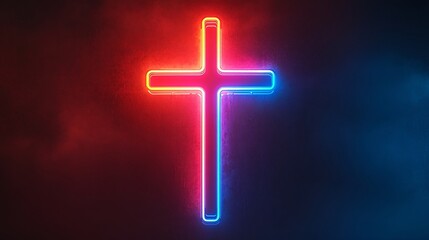 Poster - Glowing neon cross emitting red and blue light