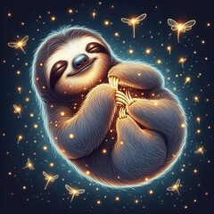 Wall Mural - magic sloth by glowing fireflies