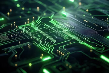 Fototapete - Abstract green circuit board with glowing lines and components for technology themes.