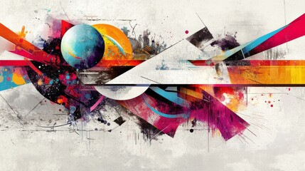 Aufkleber - An artistic composition of colorful graphic elements, including vector shapes, lines, and icons, layered on a textured background, showcasing creativity