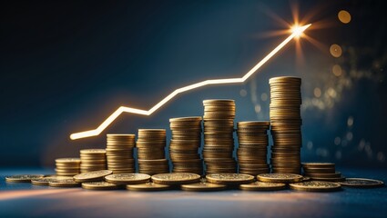 Poster - Financial growth represented by stacks of coins and a rising graph line against a blurred blue background