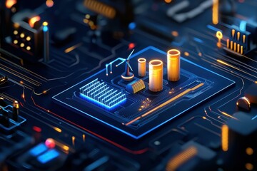Poster - Futuristic close-up of a glowing microchip with vibrant circuitry.