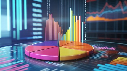 Leinwandbilder - A D pie chart visualizing market share data, with vibrant segments and percentages, displayed on a large interactive screen during a business presentation.