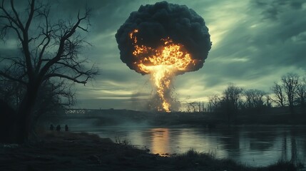 nuclear explosion over river with dark clouds and silhouette figures