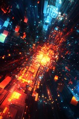 Fototapete - Abstract technology background with glowing cubes forming data flow