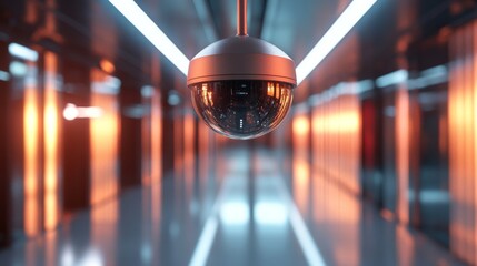 Aufkleber - A close-up of a dome-shaped security camera on a smooth metal ceiling inside a sleek, futuristic building corridor