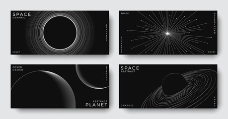 Wall Mural - set of abstract space astronomy horizontal backgrounds. line art planet, galaxy, eclipse, black hole