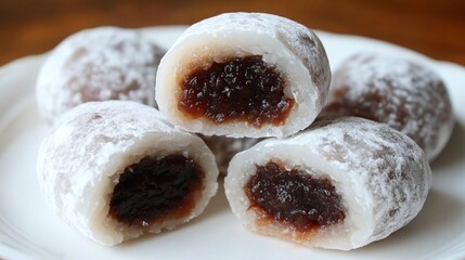 Poster - A close-up of freshly made daifuku, showcasing a variety of colorful rice cakes filled with sweet red bean paste, arranged artfully on a white plate