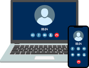 Laptop and smartphone display a video call interface
