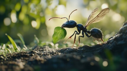 Poster - A close-up view of an ant carrying a tiny leaf, showcasing its intricate body structure and details, set against a blurred green background of grass