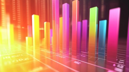 Aufkleber - A colorful D bar chart with tall, gradient-colored bars rising from a digital financial dashboard, with numbers softly glowing in the background