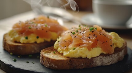 Poster - A cozy breakfast scene featuring two slices of toasted bread topped with scrambled eggs and smoked salmon, with a cup of coffee steaming in the background.