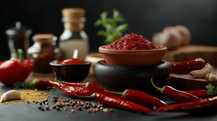 Leinwandbilder - A creative composition of various types of chilies displayed alongside sauces and condiments, showcasing the diversity of flavors used in cooking
