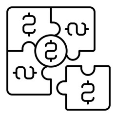 Poster - Puzzle pieces with coin thin line icon, money troublei concept. Vector graphics. Money source sign on white background, linear style for mobile or design.