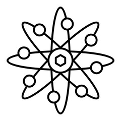 Poster - atom thin line icon, physics concept. vector graphics. elements around atom, structure sign on white