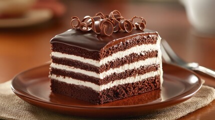 Poster - A delicious slice of chocolate cake with layers visible, topped with glossy chocolate frosting and decorative chocolate curls on a rustic plate