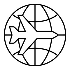 Poster - Airplane at globe thin line icon, avia shipping concept. Vector graphics. Avia delivery, planet sign on white background, linear style for mobile or design.