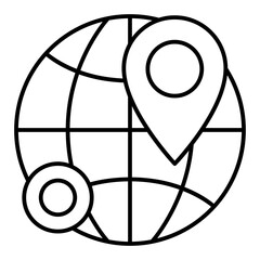 Poster - Globe with location pinpoint thin line icon, shipping concept. Vector graphics. Planet delivery, world sign on white background, linear style for mobile or design.